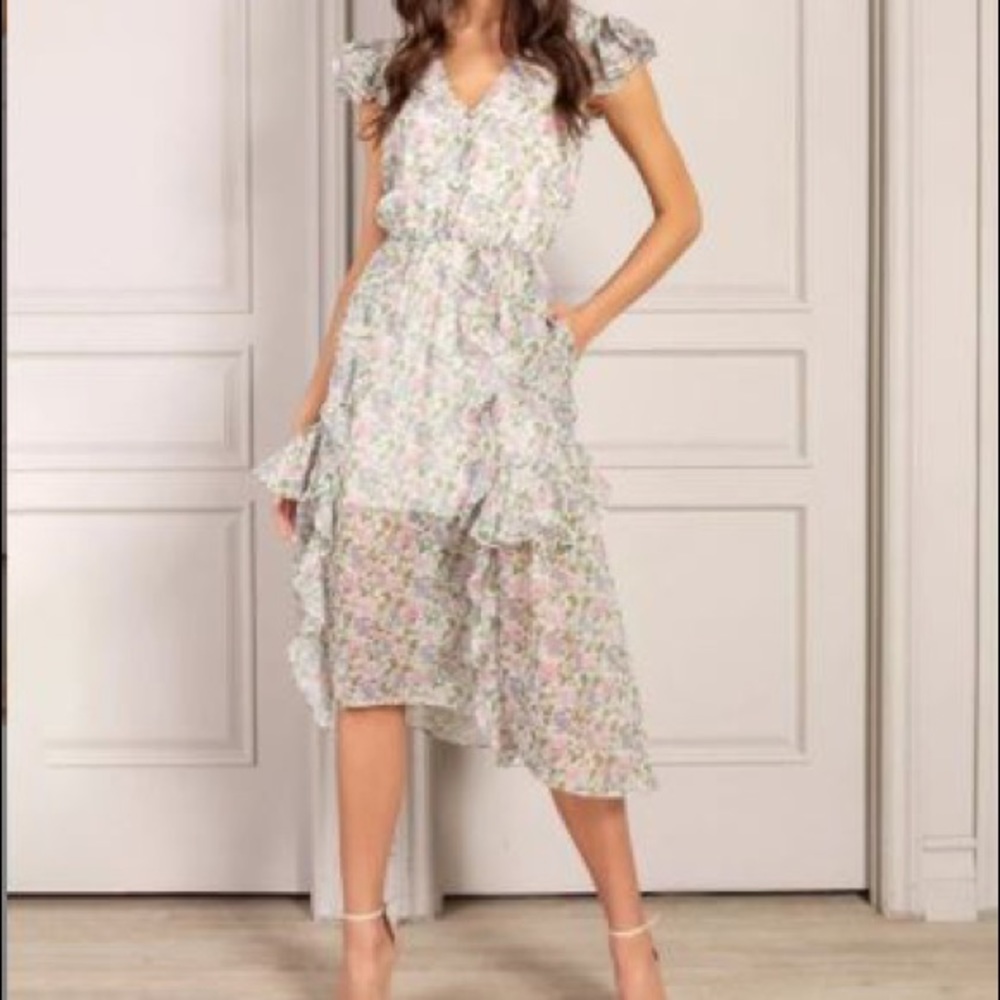 Green & Pink Floral Elaine Ruffle V-Neck Dress